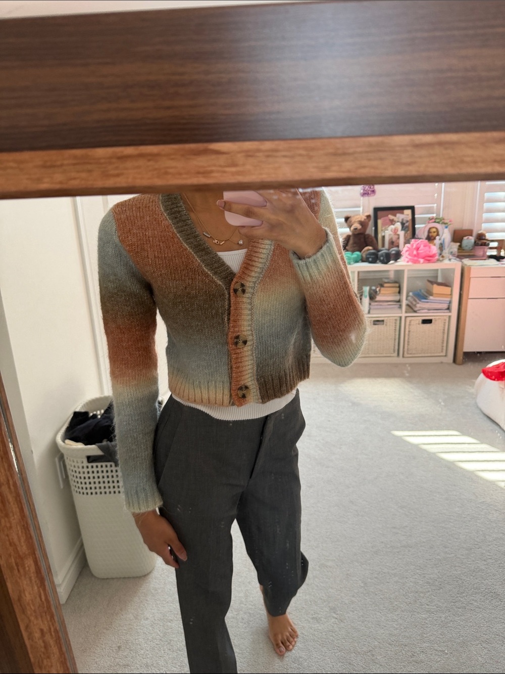 Dynamite Cropped Ombre Button-Front Cardigan — Green, Brown, Cream